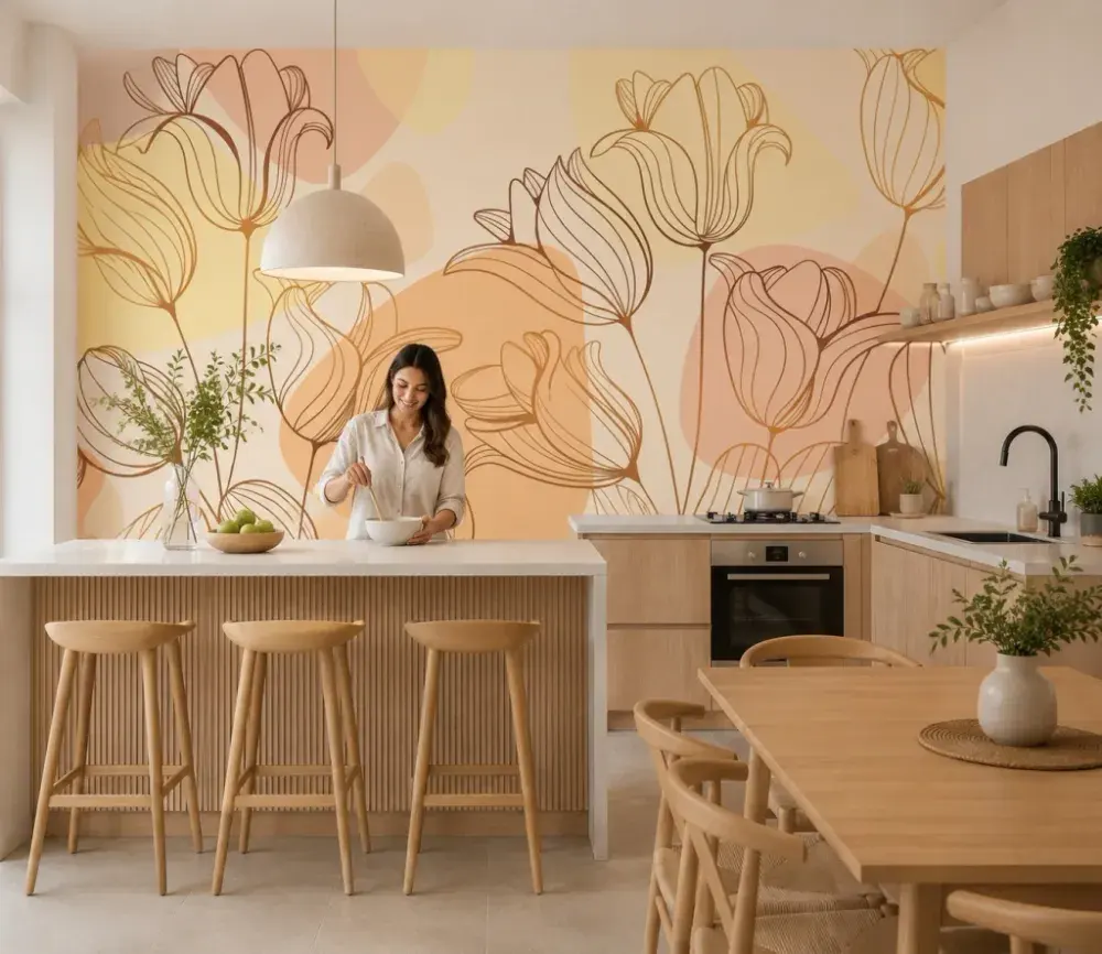 Papel Pintado Tulipanes Beige y Coral