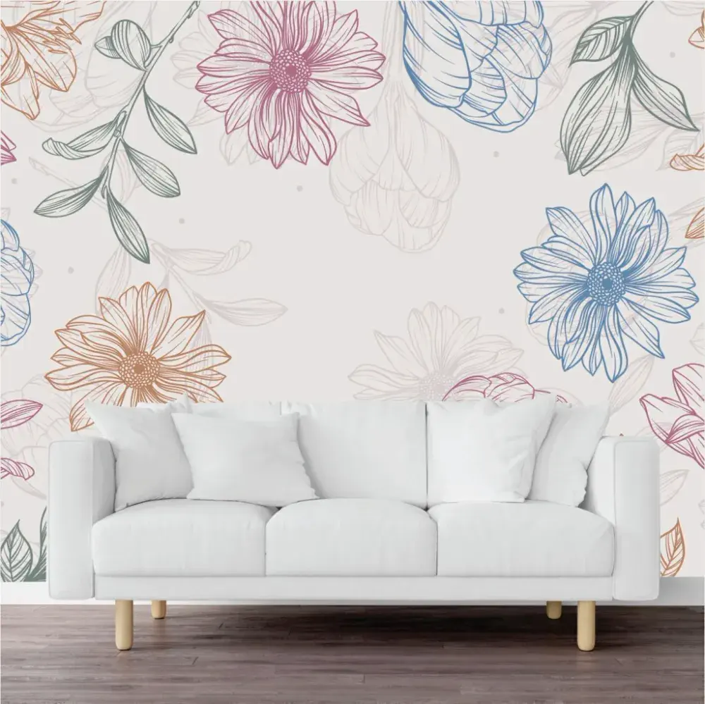 Papel Pintado Floral Line Art Colorido