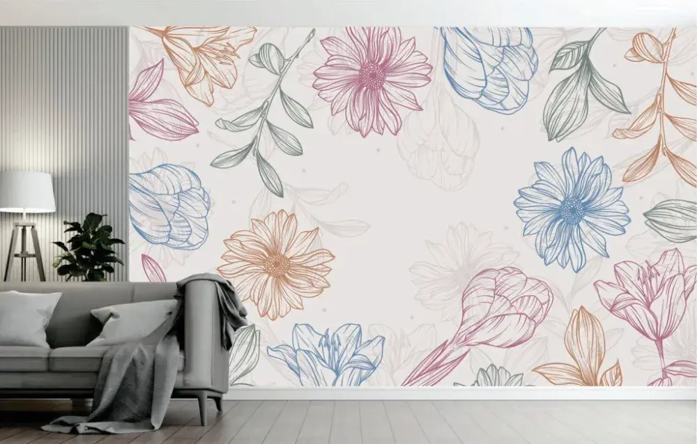 Papel Pintado Floral Line Art Colorido