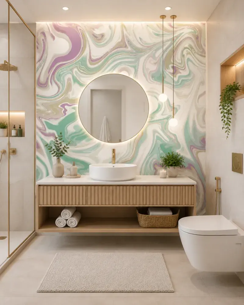 Papel Pintado Marmoleado Verde y Lila